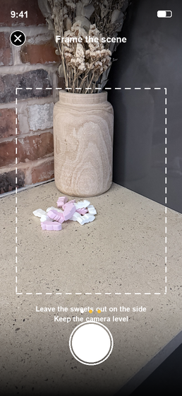 Guided photo: the app framing an empty kitchen worktop with marshmallows left out ready