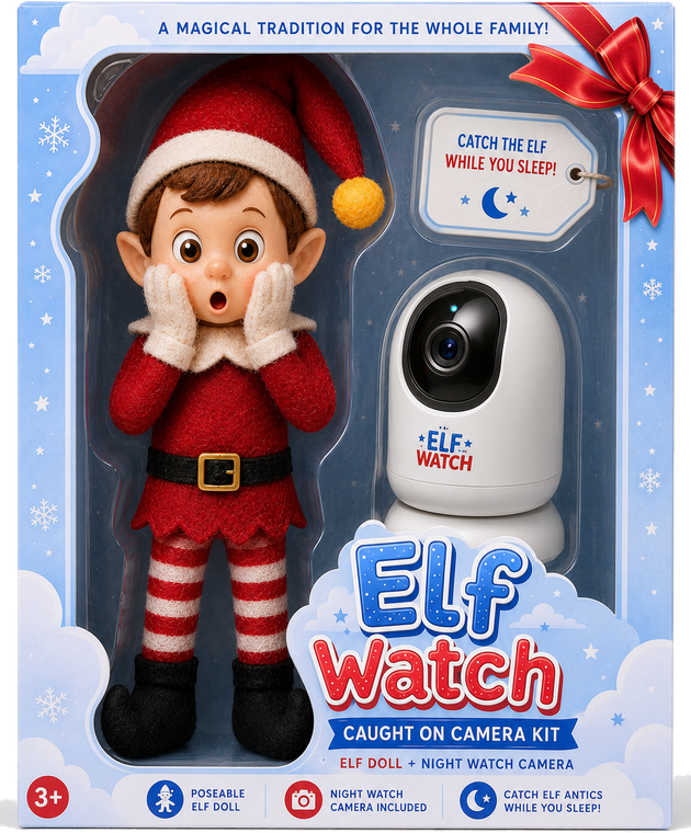 The Elf Watch Caught on Camera Kit box: a poseable elf doll and a night watch camera