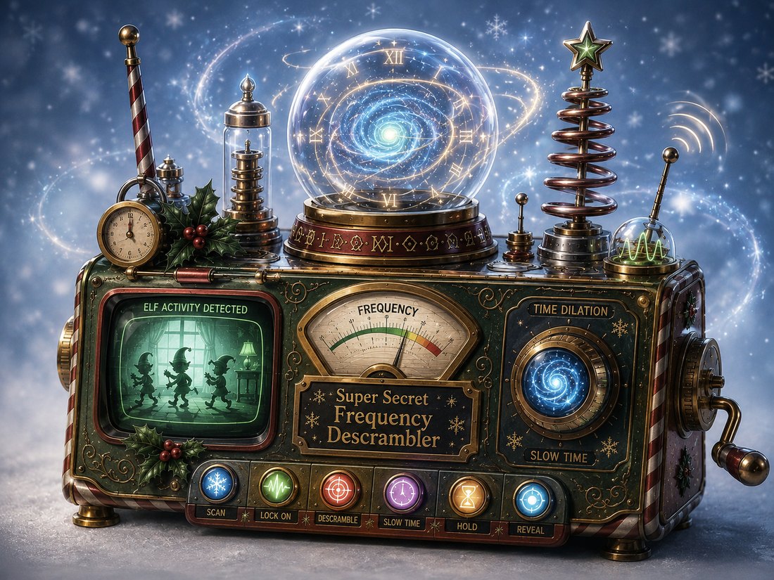The Super Secret Frequency Descrambler, a festive machine that detects elf activity, descrambles the signal and slows time down